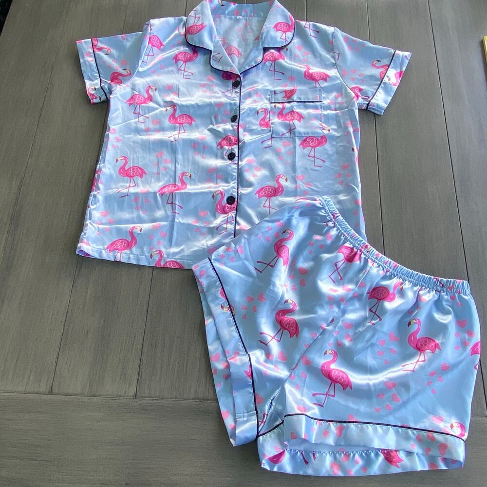 Shein Satin Pajama Set • Small • Light Blue • Pink Flamingo Print • Button Down